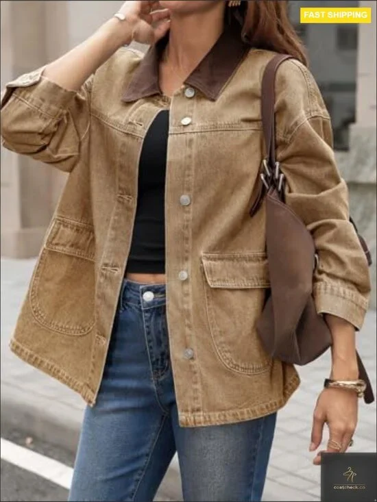 Oversized Denim Jacket Casual Contrast Canvas Collar Button Down Streetwear - Picture 5 of 6